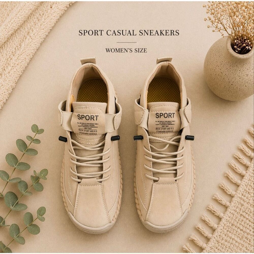Beige Sport Casual Sneakers Women’s Size 6 Athleisure Lace Up Comfort Shoes SZ 3